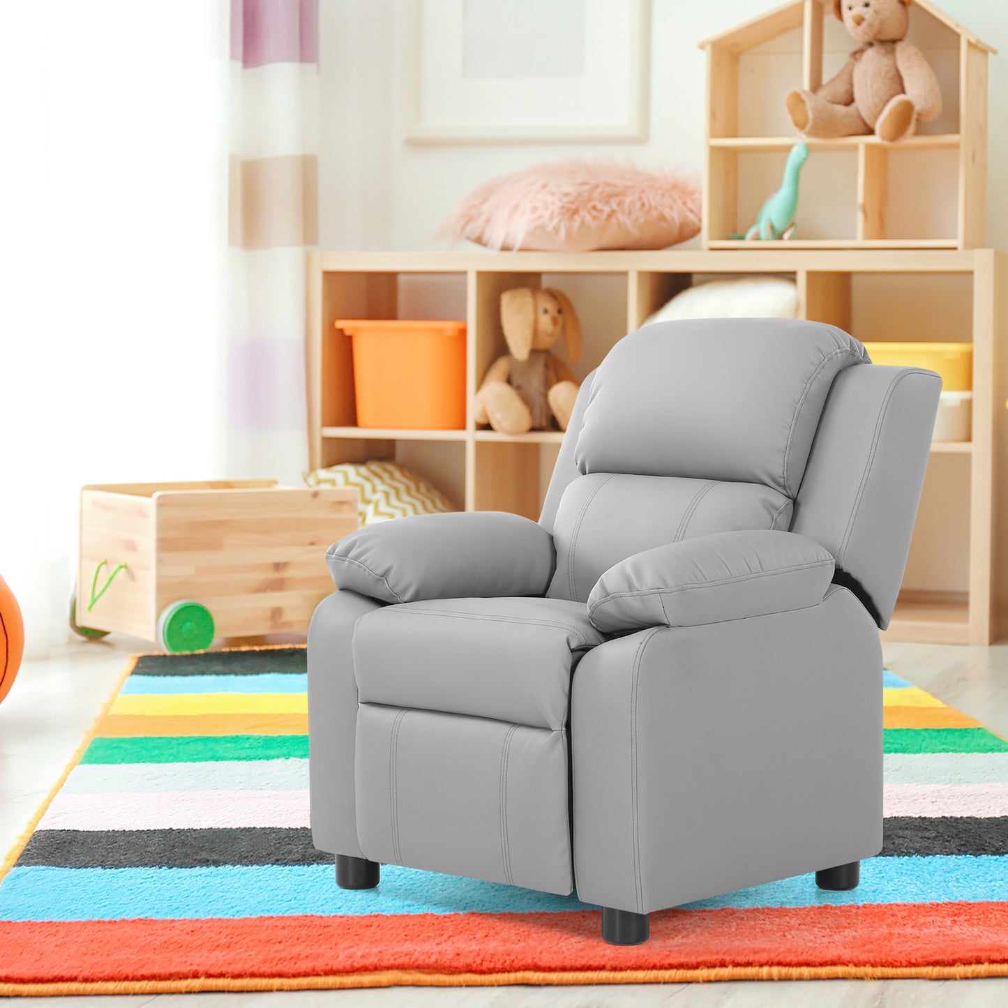 Kids Deluxe Headrest  Recliner Sofa Chair with Storage Arms-Gray