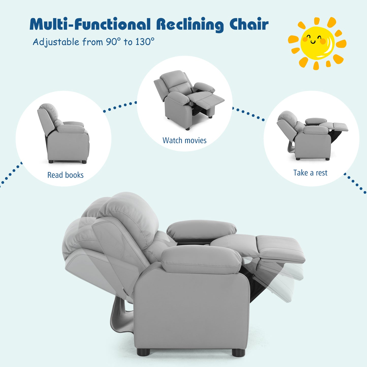 Kids Deluxe Headrest  Recliner Sofa Chair with Storage Arms-Gray