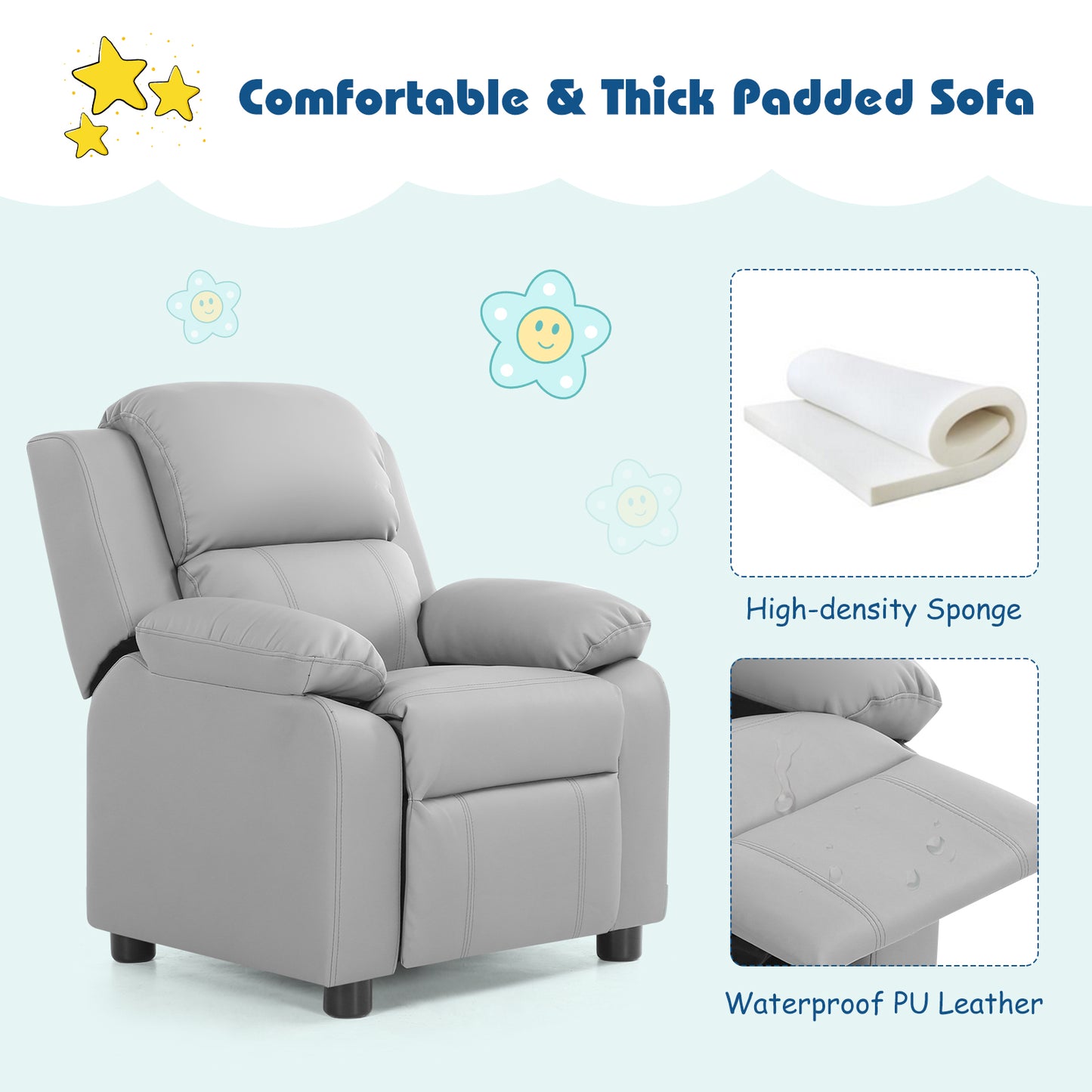 Kids Deluxe Headrest  Recliner Sofa Chair with Storage Arms-Gray