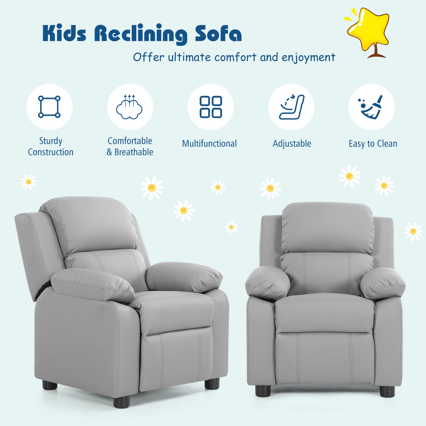 Kids Deluxe Headrest  Recliner Sofa Chair with Storage Arms-Gray