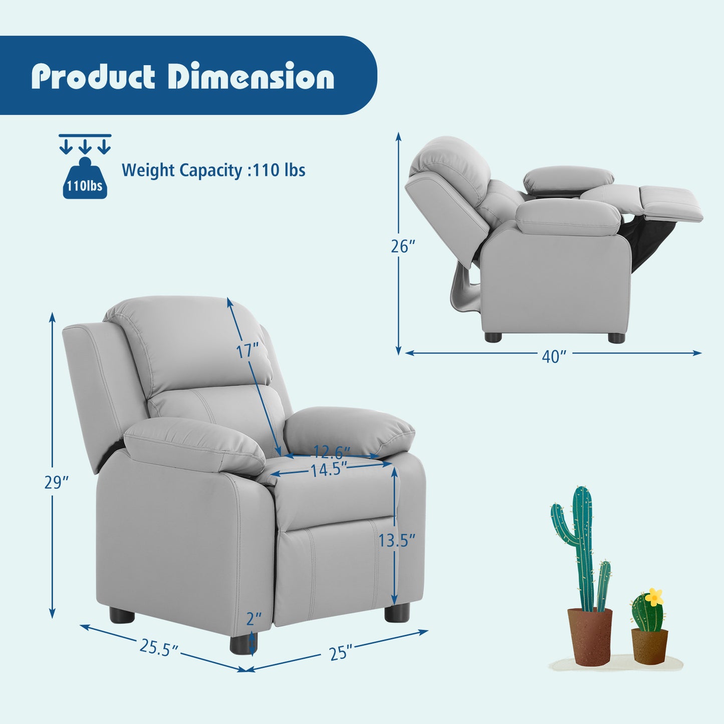 Kids Deluxe Headrest  Recliner Sofa Chair with Storage Arms-Gray
