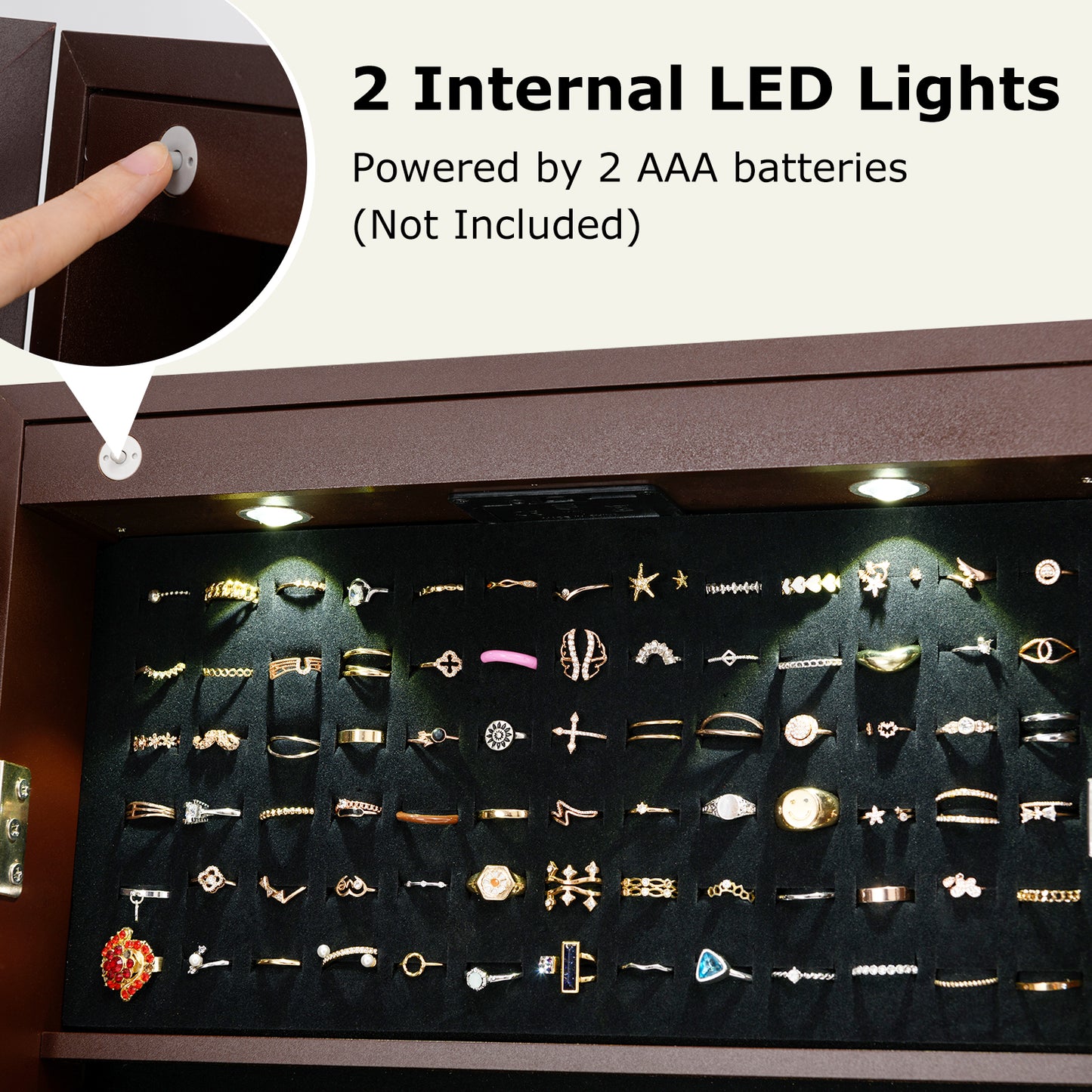 Lockable Mirrored Jewelry Cabinet with Stand and Led Lights-Brown Kids Crystal