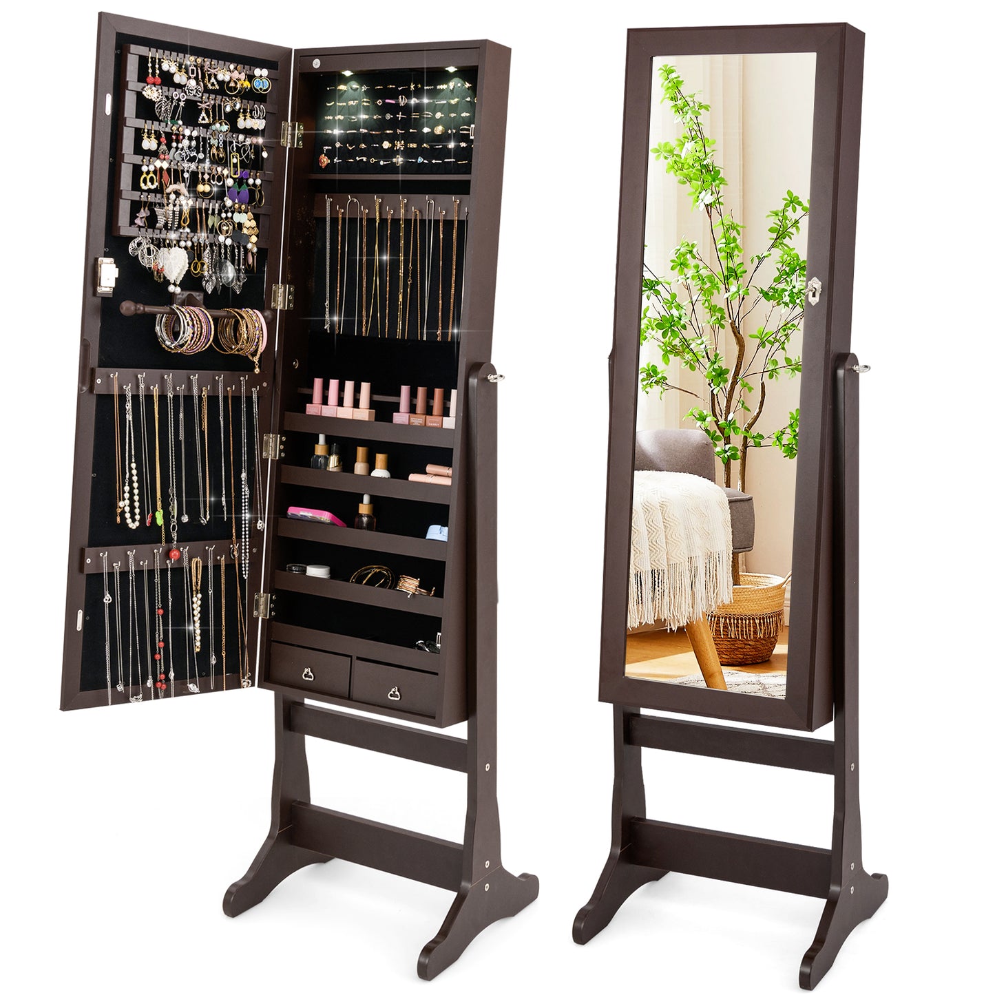 Lockable Mirrored Jewelry Cabinet with Stand and Led Lights-Brown Kids Crystal