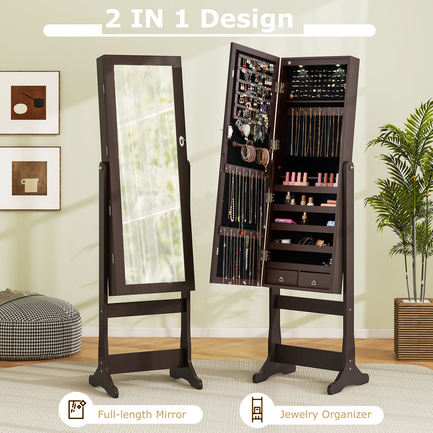 Lockable Mirrored Jewelry Cabinet with Stand and Led Lights-Brown Kids Crystal