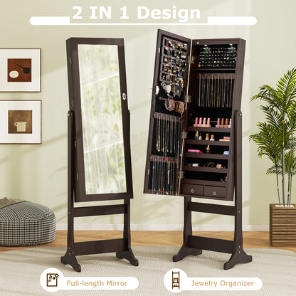 Lockable Mirrored Jewelry Cabinet with Stand and Led Lights-Brown