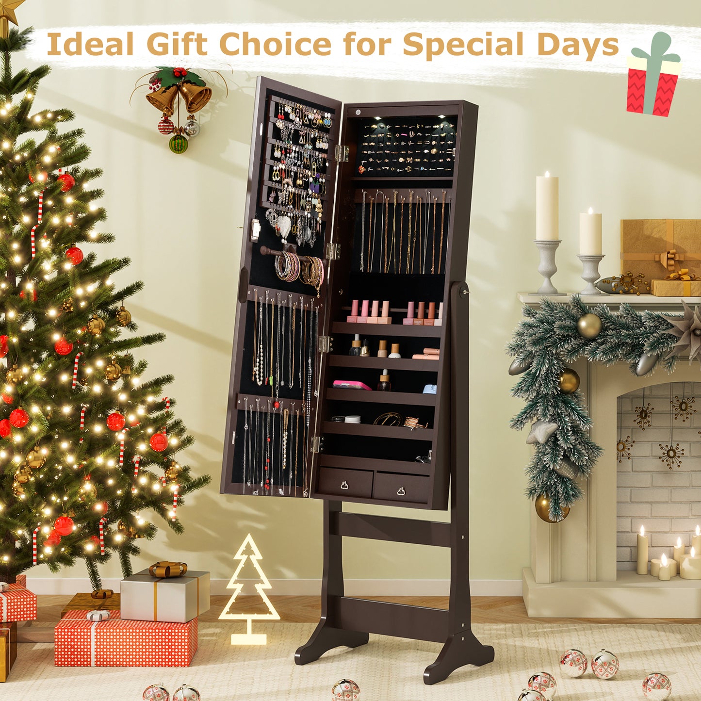 Lockable Mirrored Jewelry Cabinet with Stand and Led Lights-Brown Kids Crystal
