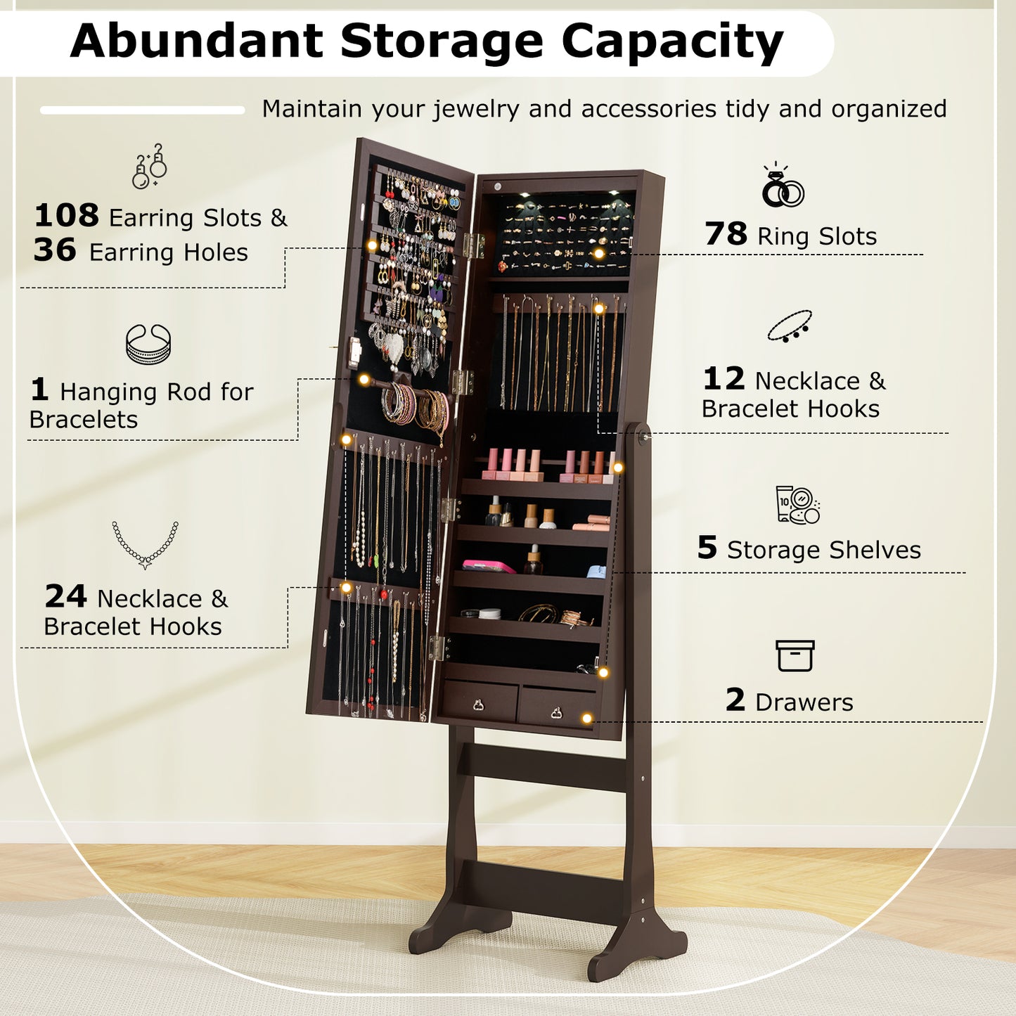 Lockable Mirrored Jewelry Cabinet with Stand and Led Lights-Brown Kids Crystal
