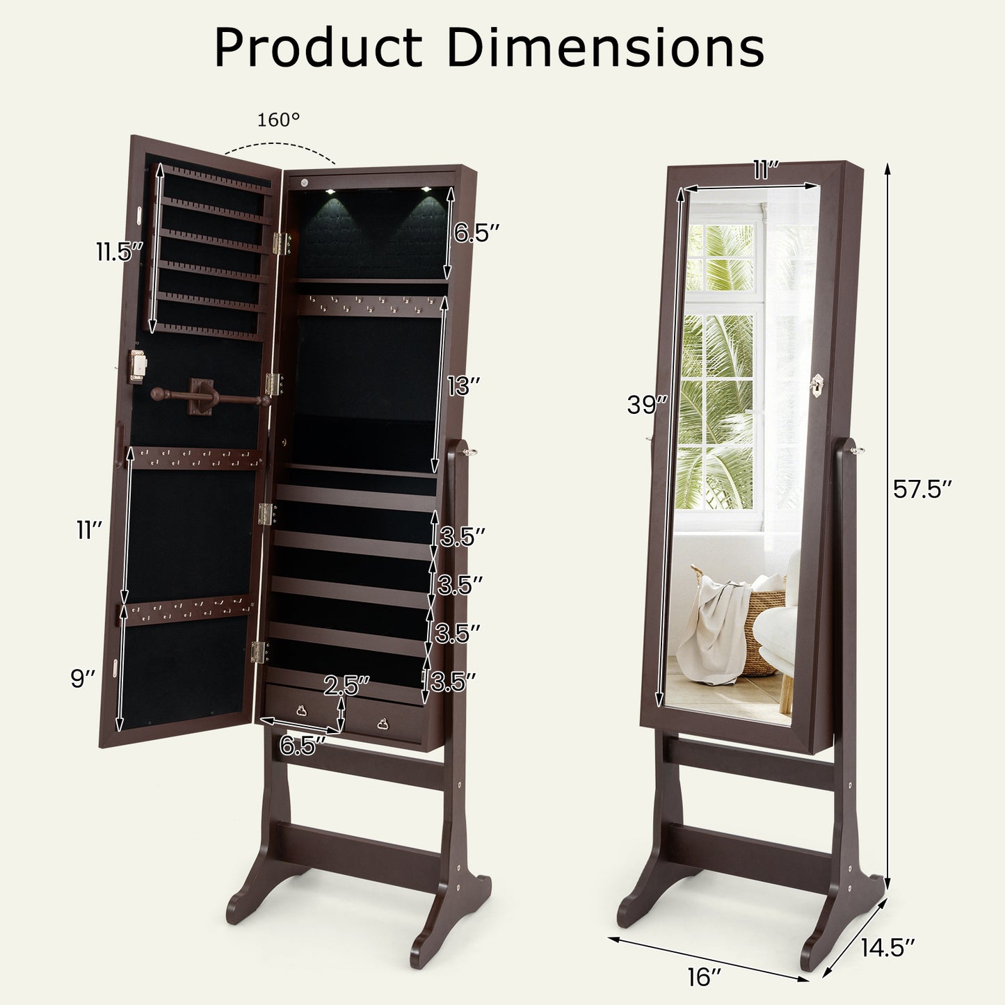 Lockable Mirrored Jewelry Cabinet with Stand and Led Lights-Brown Kids Crystal
