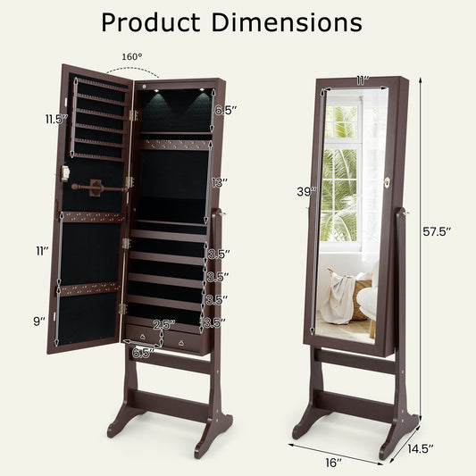 Lockable Mirrored Jewelry Cabinet with Stand and Led Lights-Brown Kids Crystal