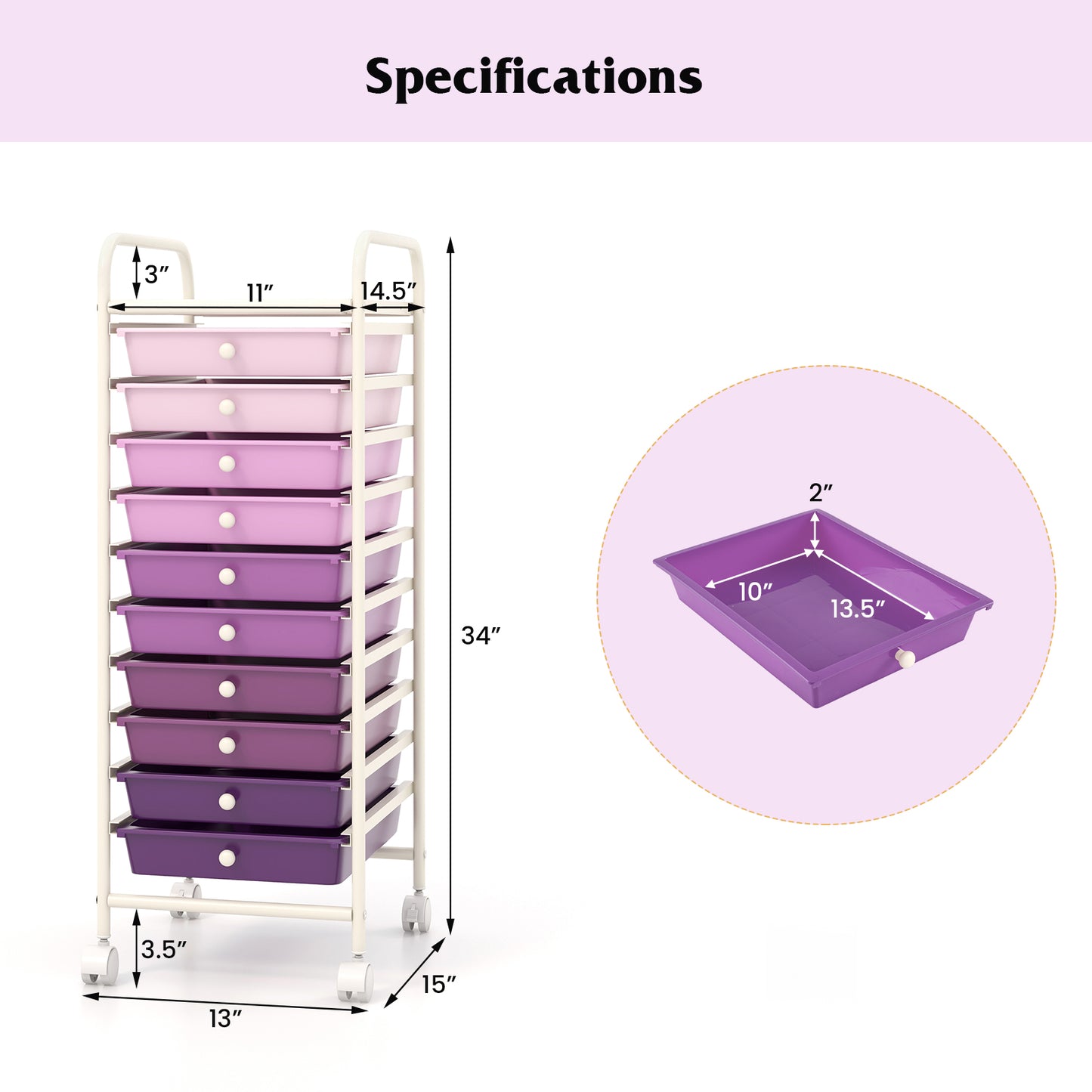 10 Drawer Rolling Storage Cart Organizer with 4 Universal Casters-Purple Kids Crystal