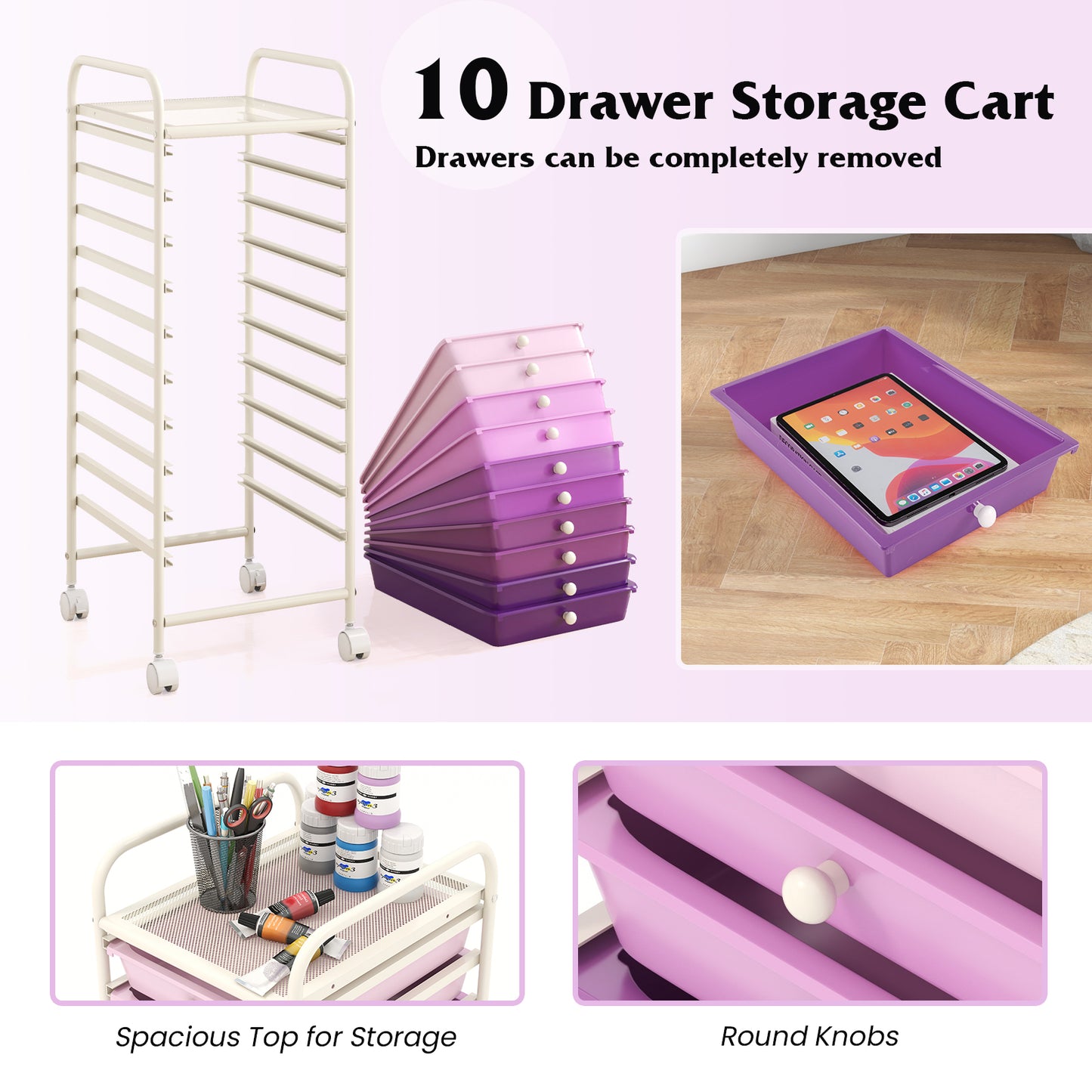 10 Drawer Rolling Storage Cart Organizer with 4 Universal Casters-Purple Kids Crystal