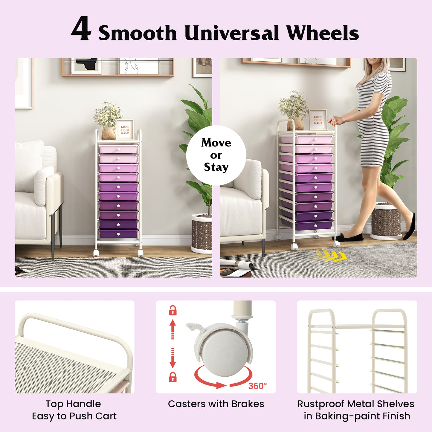 10 Drawer Rolling Storage Cart Organizer with 4 Universal Casters-Purple Kids Crystal