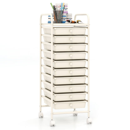 10 Drawer Rolling Storage Cart Organizer with 4 Universal Casters-White