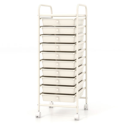 10 Drawer Rolling Storage Cart Organizer with 4 Universal Casters-White