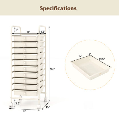 10 Drawer Rolling Storage Cart Organizer with 4 Universal Casters-White