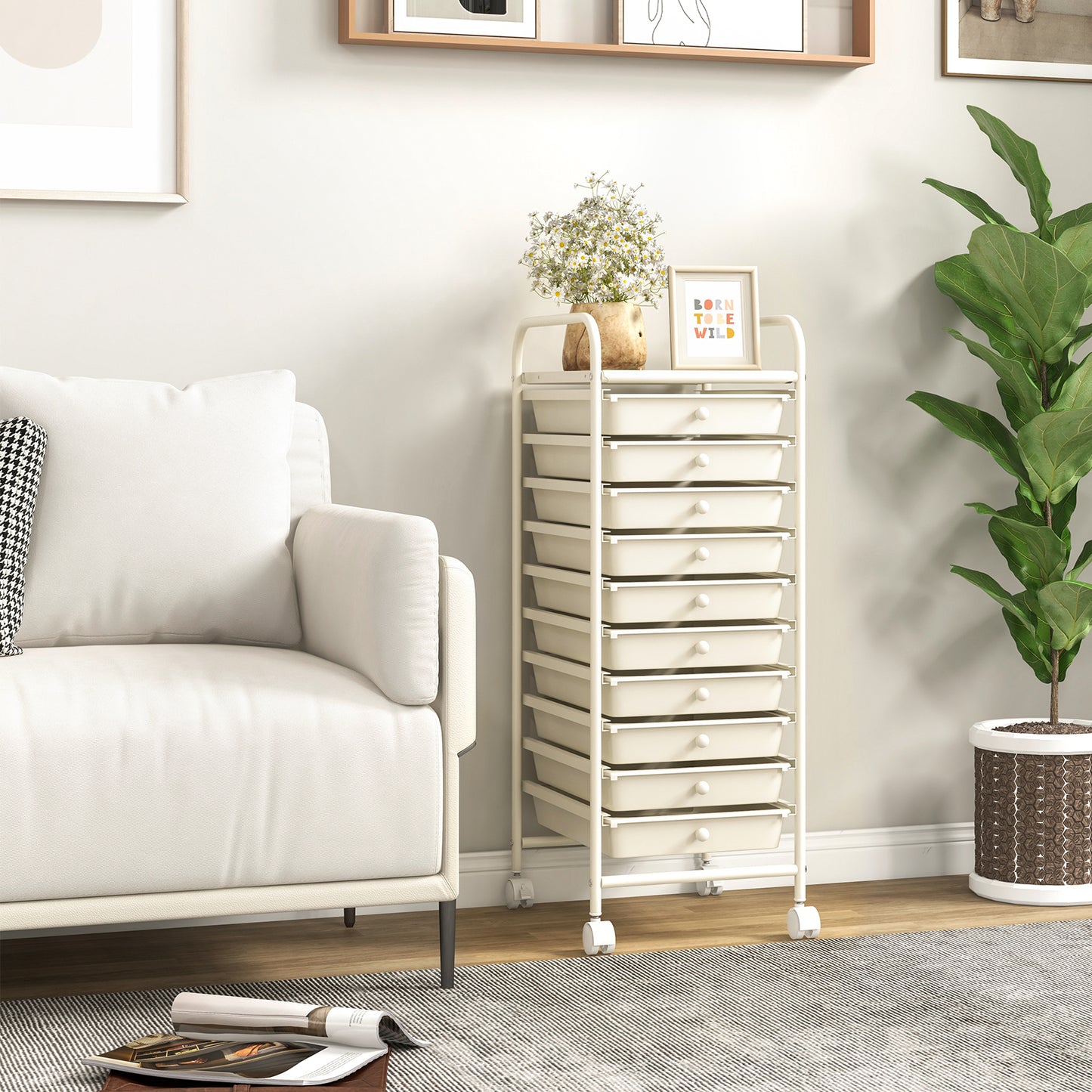 10 Drawer Rolling Storage Cart Organizer with 4 Universal Casters-White Kids Crystal