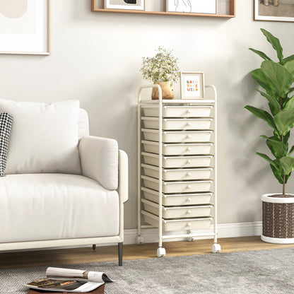 10 Drawer Rolling Storage Cart Organizer with 4 Universal Casters-White