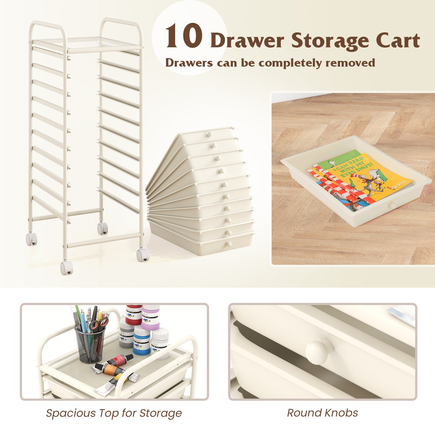 10 Drawer Rolling Storage Cart Organizer with 4 Universal Casters-White Kids Crystal