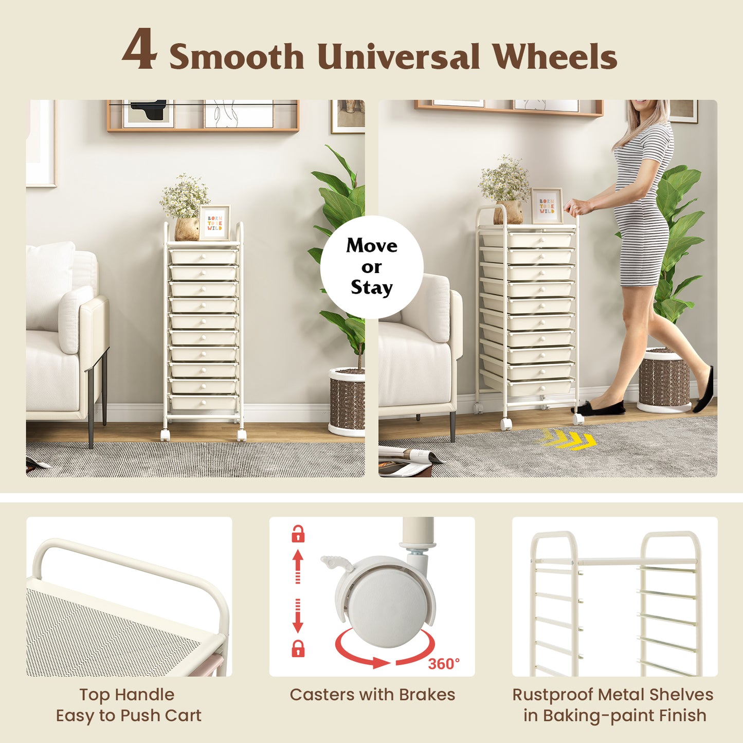 10 Drawer Rolling Storage Cart Organizer with 4 Universal Casters-White Kids Crystal