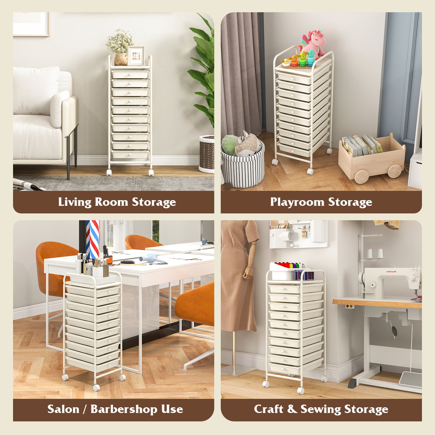 10 Drawer Rolling Storage Cart Organizer with 4 Universal Casters-White Kids Crystal