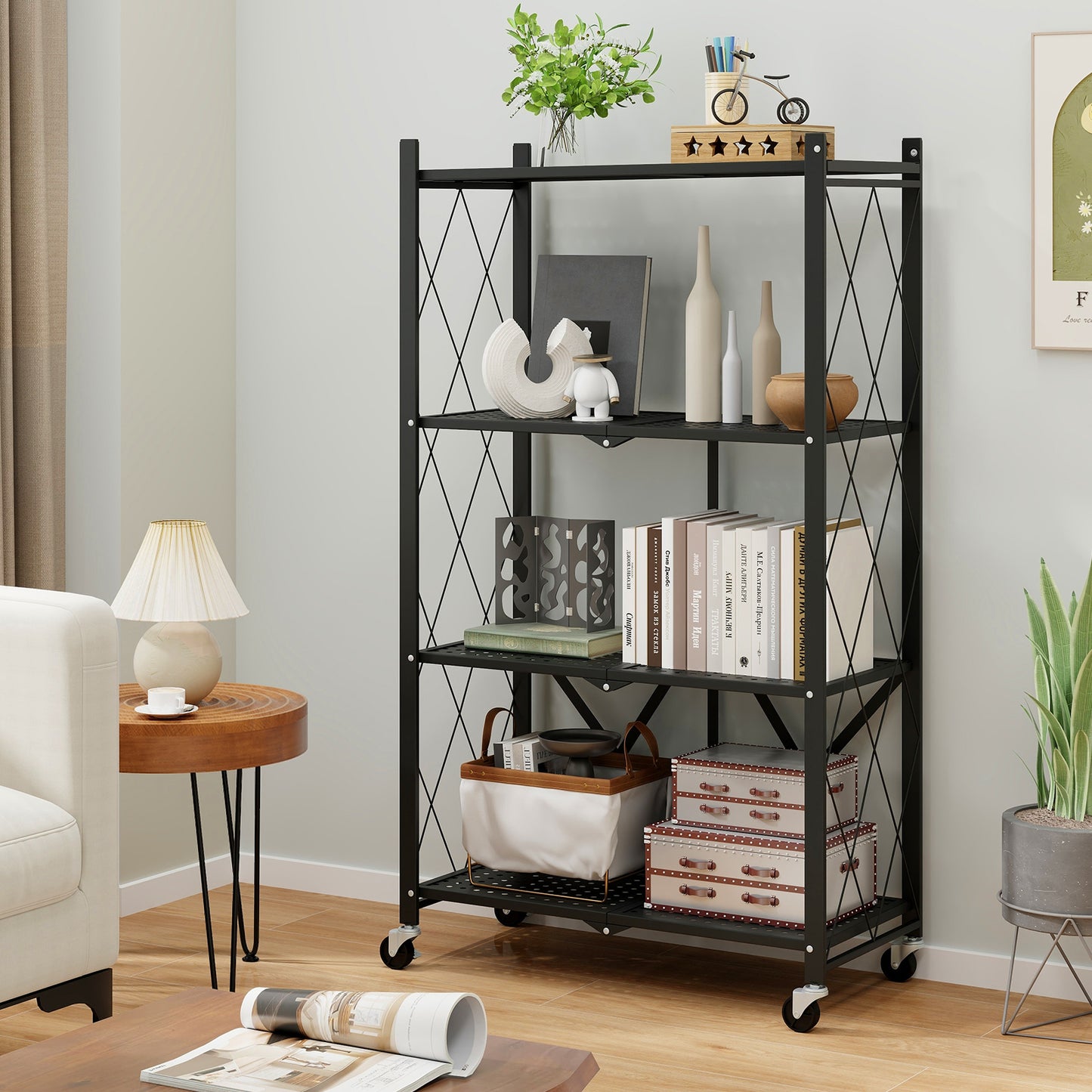 4-Tier Foldable Storage Shelf Collapsible Storage Rack with Lockable Wheels-Black Kids Crystal