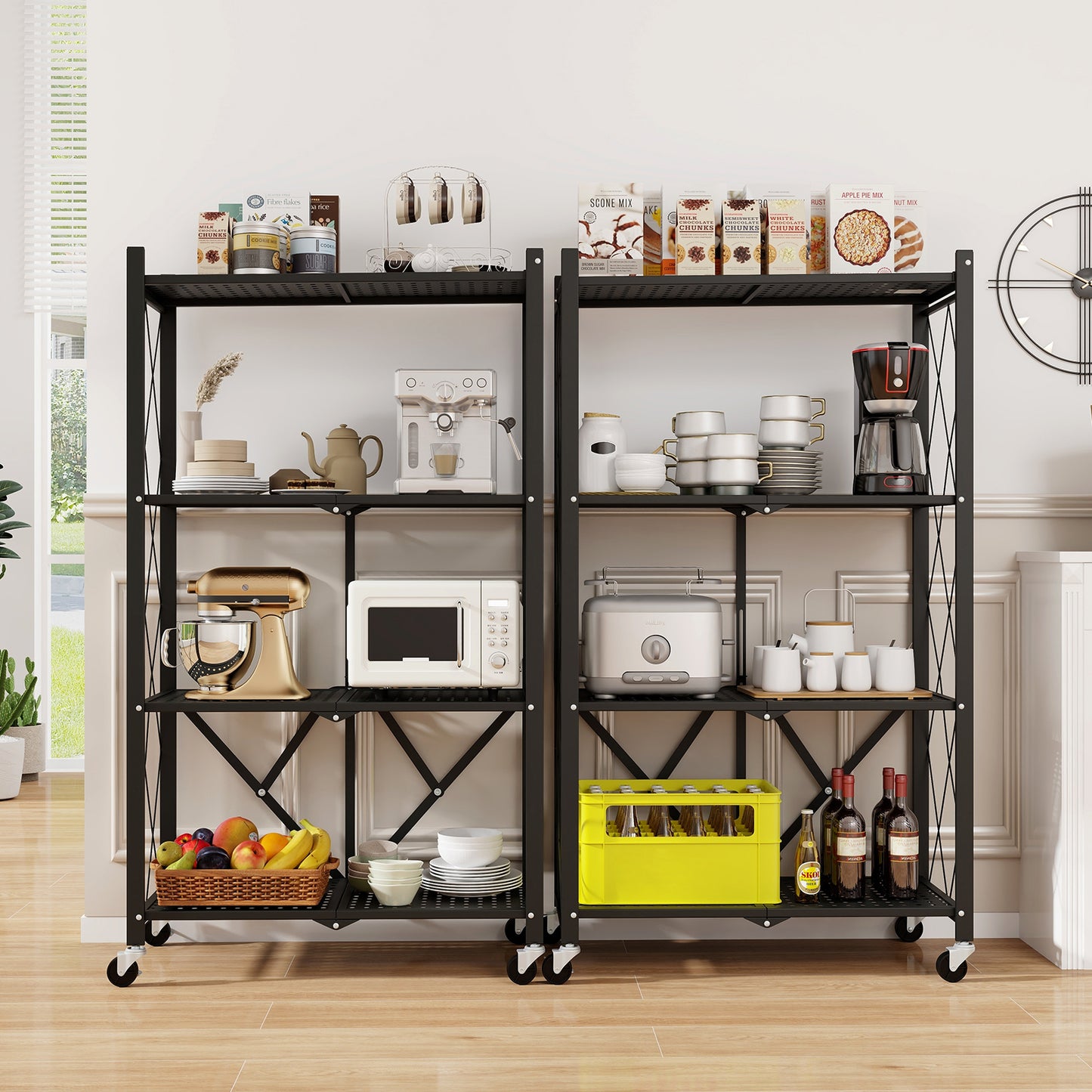 4-Tier Foldable Storage Shelf Collapsible Storage Rack with Lockable Wheels-Black Kids Crystal