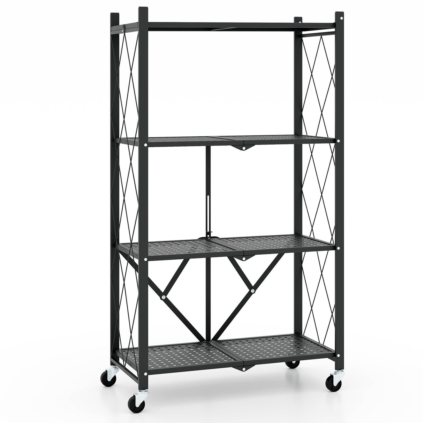 4-Tier Foldable Storage Shelf Collapsible Storage Rack with Lockable Wheels-Black Kids Crystal