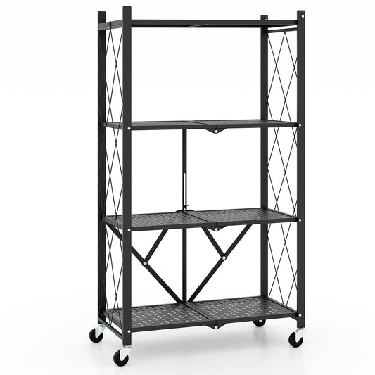 4-Tier Foldable Storage Shelf Collapsible Storage Rack with Lockable Wheels-Black Kids Crystal