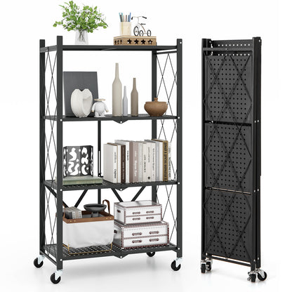 4-Tier Foldable Storage Shelf Collapsible Storage Rack with Lockable Wheels-Black