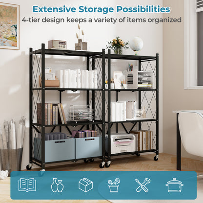 4-Tier Foldable Storage Shelf Collapsible Storage Rack with Lockable Wheels-Black