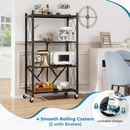 4-Tier Foldable Storage Shelf Collapsible Storage Rack with Lockable Wheels-Black