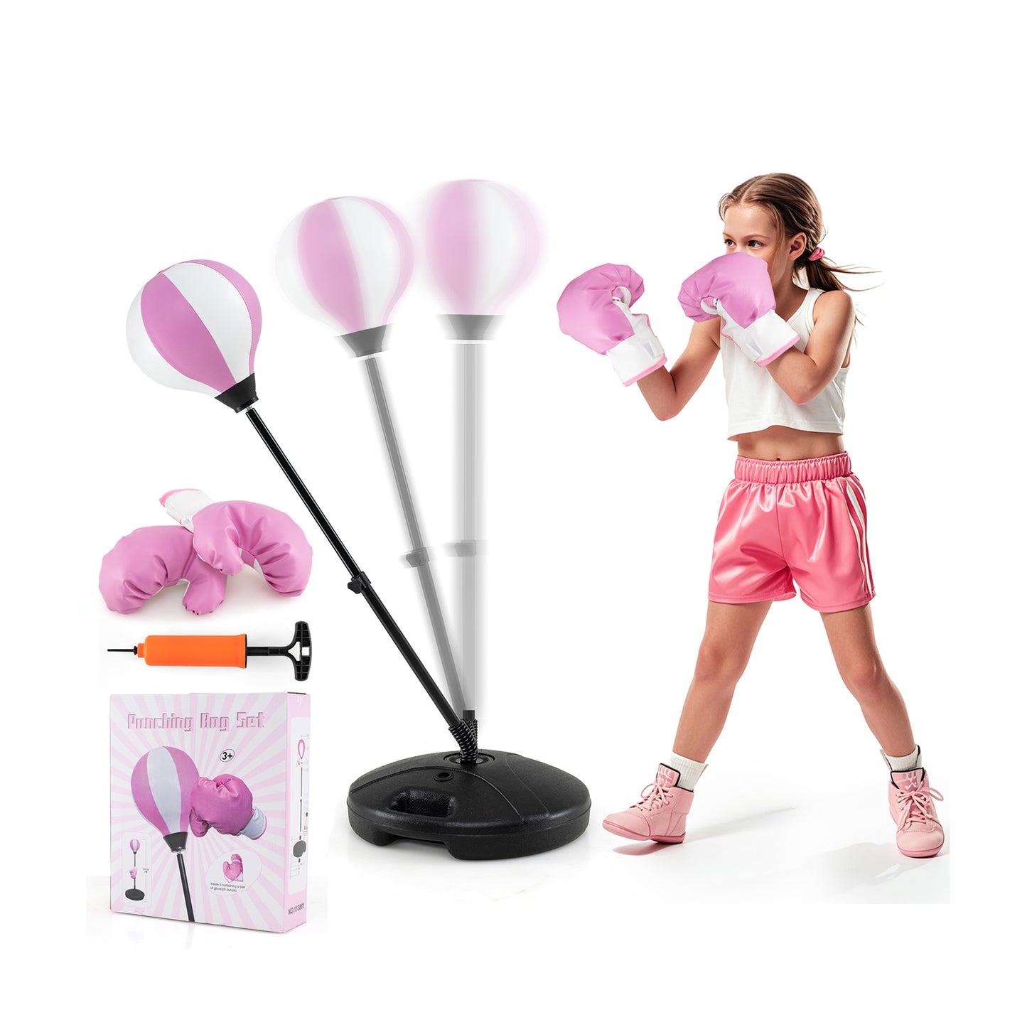 Kids Adjustable Stand Punching Bag Toy Set with Boxing Glove and Base-Pink Kids Crystal