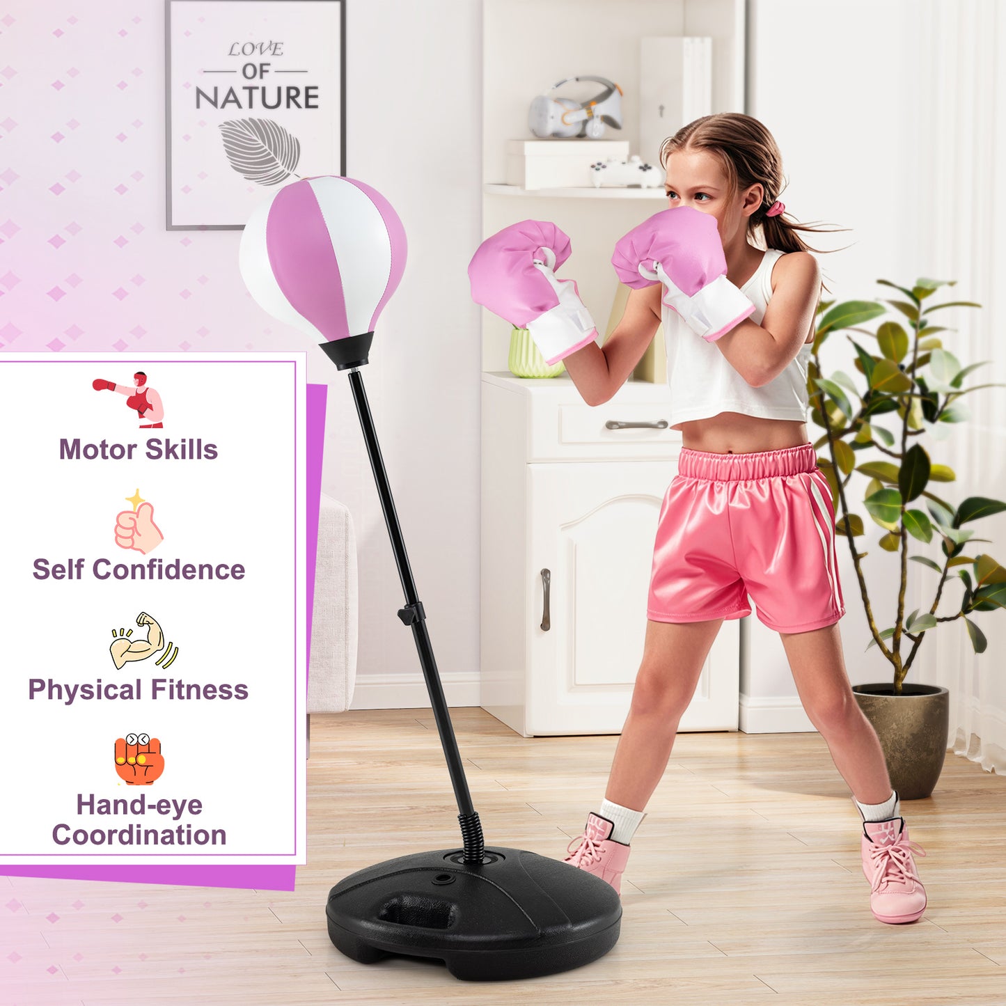 Kids Adjustable Stand Punching Bag Toy Set with Boxing Glove and Base-Pink Kids Crystal