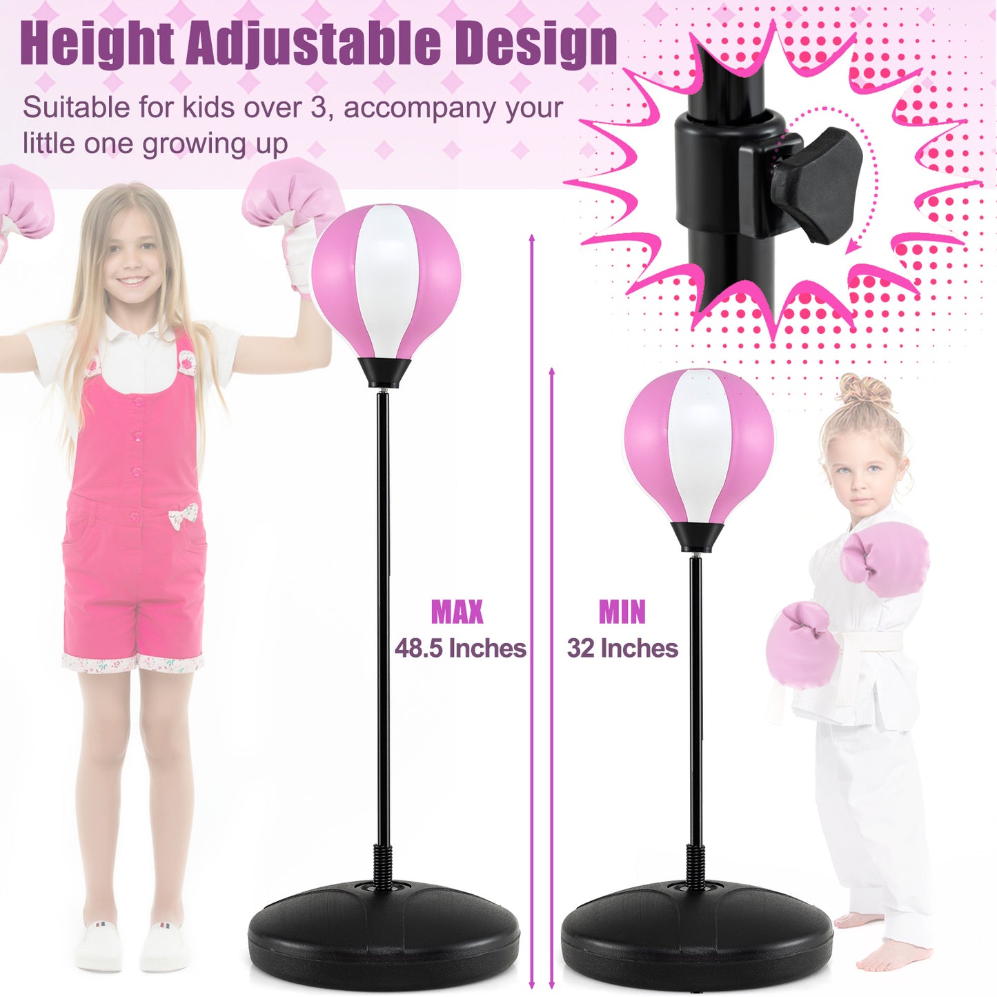 Kids Adjustable Stand Punching Bag Toy Set with Boxing Glove and Base-Pink Kids Crystal
