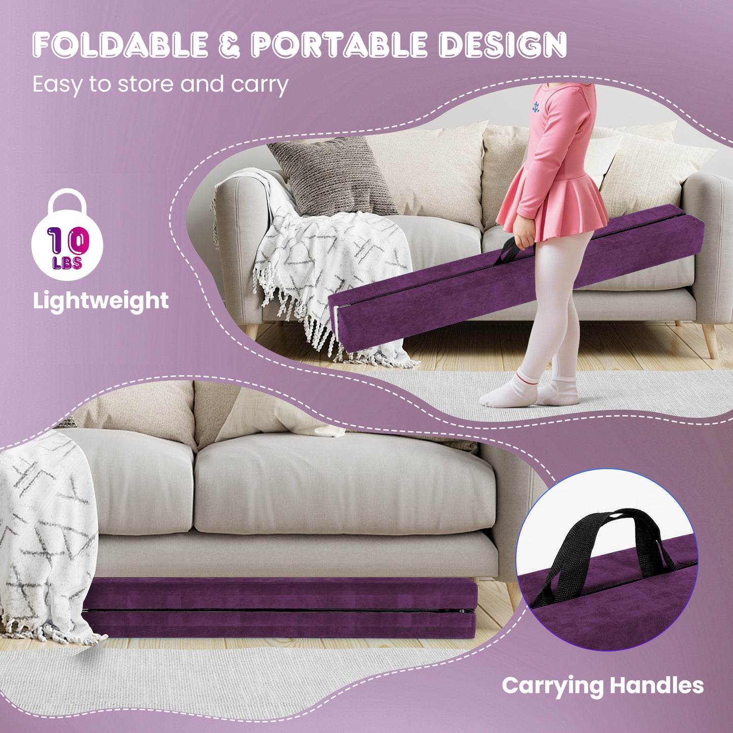 Folding Balance Beam with Solid Wood Base and Anti-slip Bottom-Purple Kids Crystal