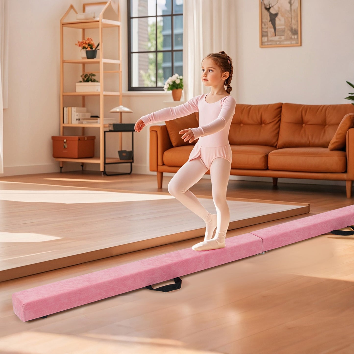 Folding Balance Beam with Solid Wood Base and Anti-slip Bottom-Light Pink Kids Crystal