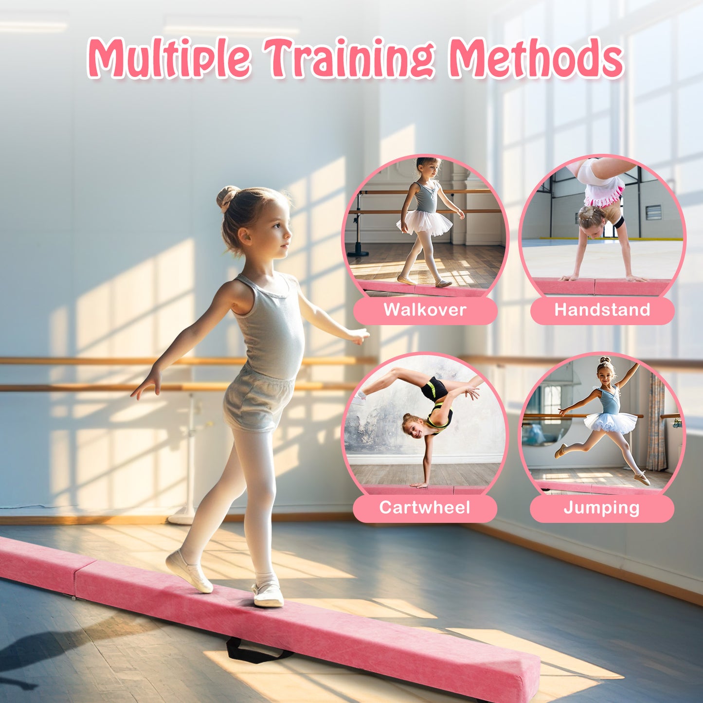 Folding Balance Beam with Solid Wood Base and Anti-slip Bottom-Light Pink Kids Crystal