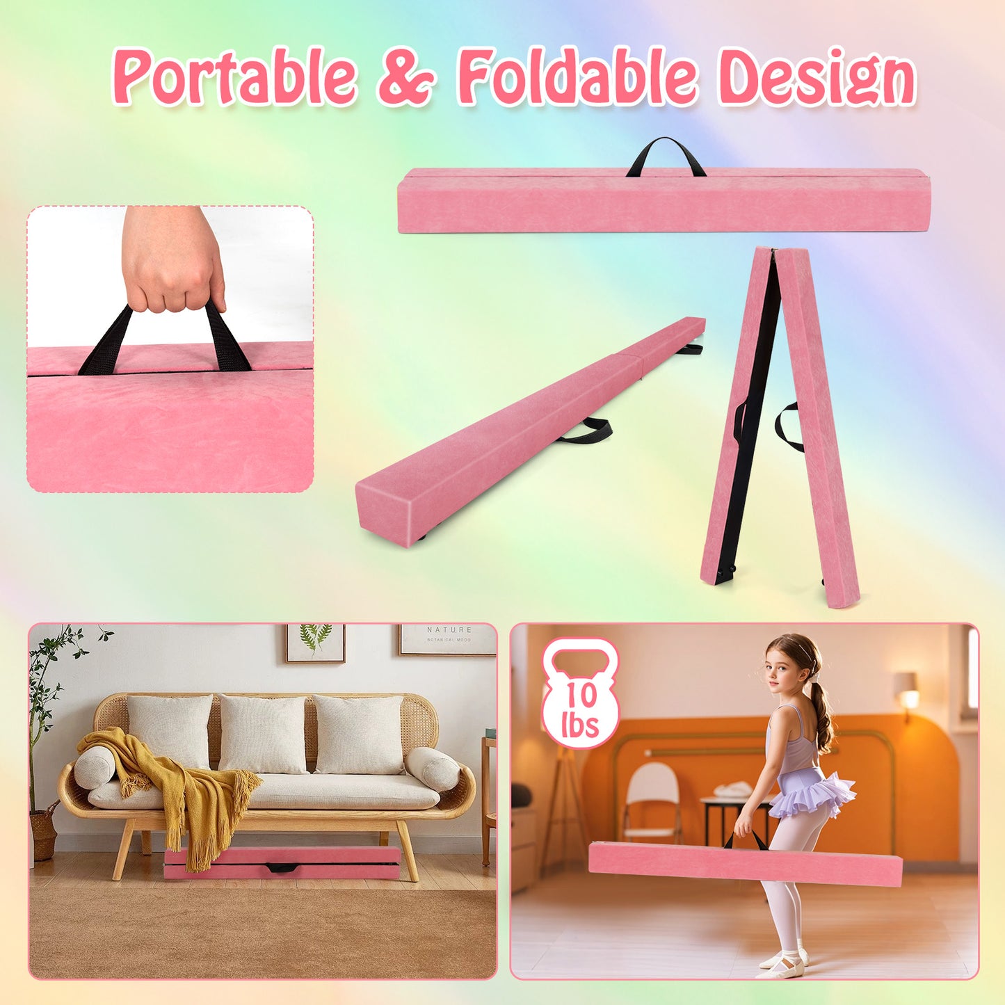 Folding Balance Beam with Solid Wood Base and Anti-slip Bottom-Light Pink Kids Crystal