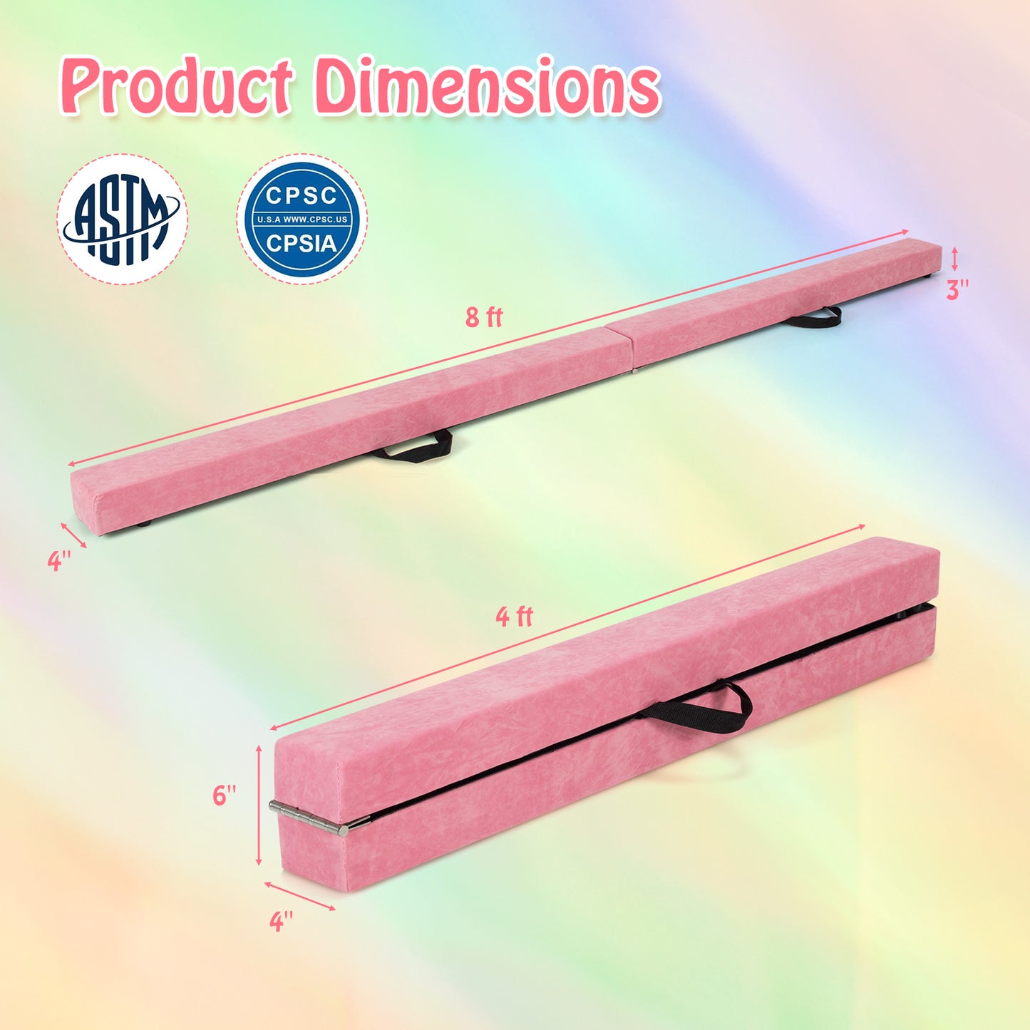 Folding Balance Beam with Solid Wood Base and Anti-slip Bottom-Light Pink Kids Crystal
