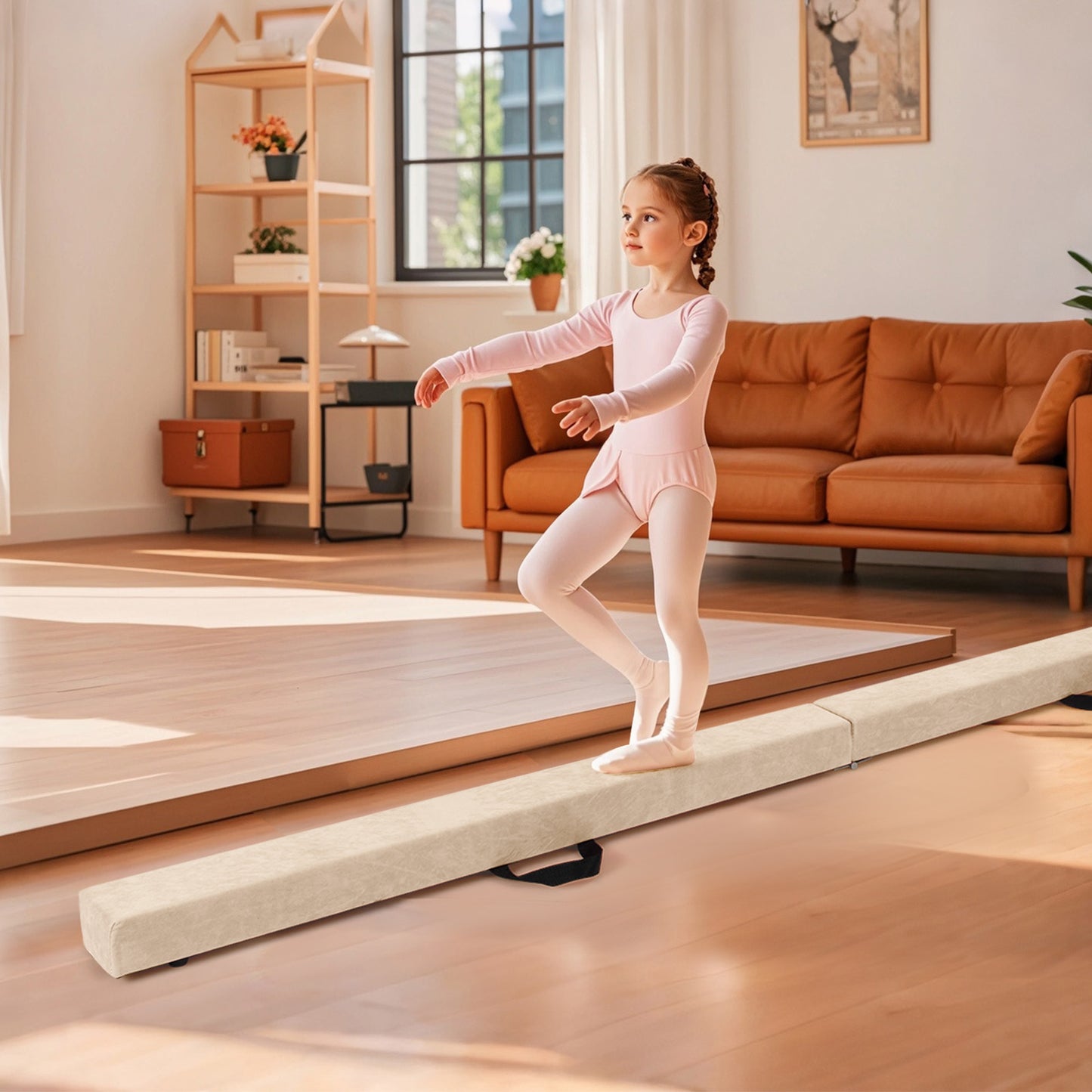 Folding Balance Beam with Solid Wood Base and Anti-slip Bottom-Beige Kids Crystal