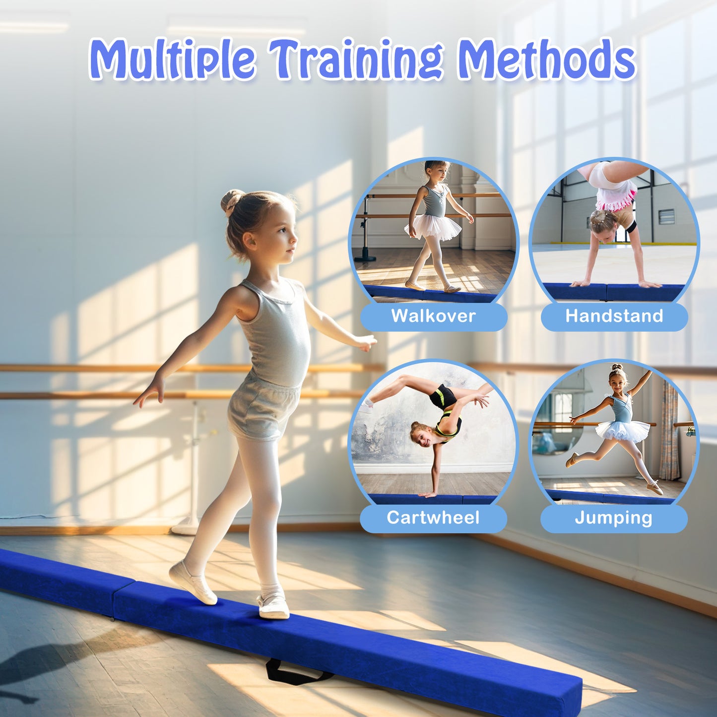 Folding Balance Beam with Solid Wood Base and Anti-slip Bottom-Blue Kids Crystal