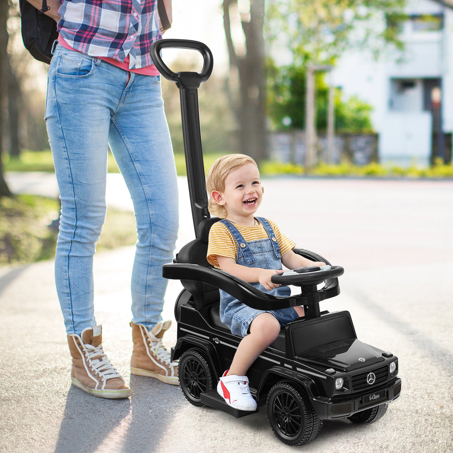 3-In-1 Ride on Push Car Mercedes Benz G350 Stroller Sliding Car with Canopy-Black Kids Crystal