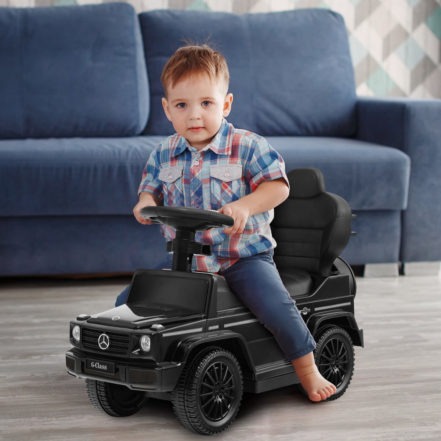 3-In-1 Ride on Push Car Mercedes Benz G350 Stroller Sliding Car with Canopy-Black Kids Crystal