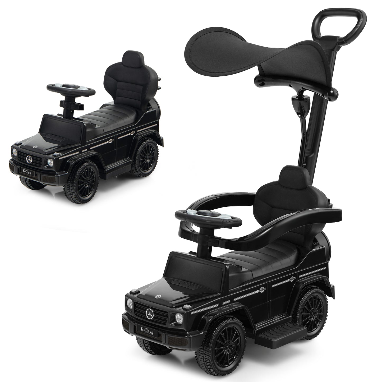 3-In-1 Ride on Push Car Mercedes Benz G350 Stroller Sliding Car with Canopy-Black Kids Crystal