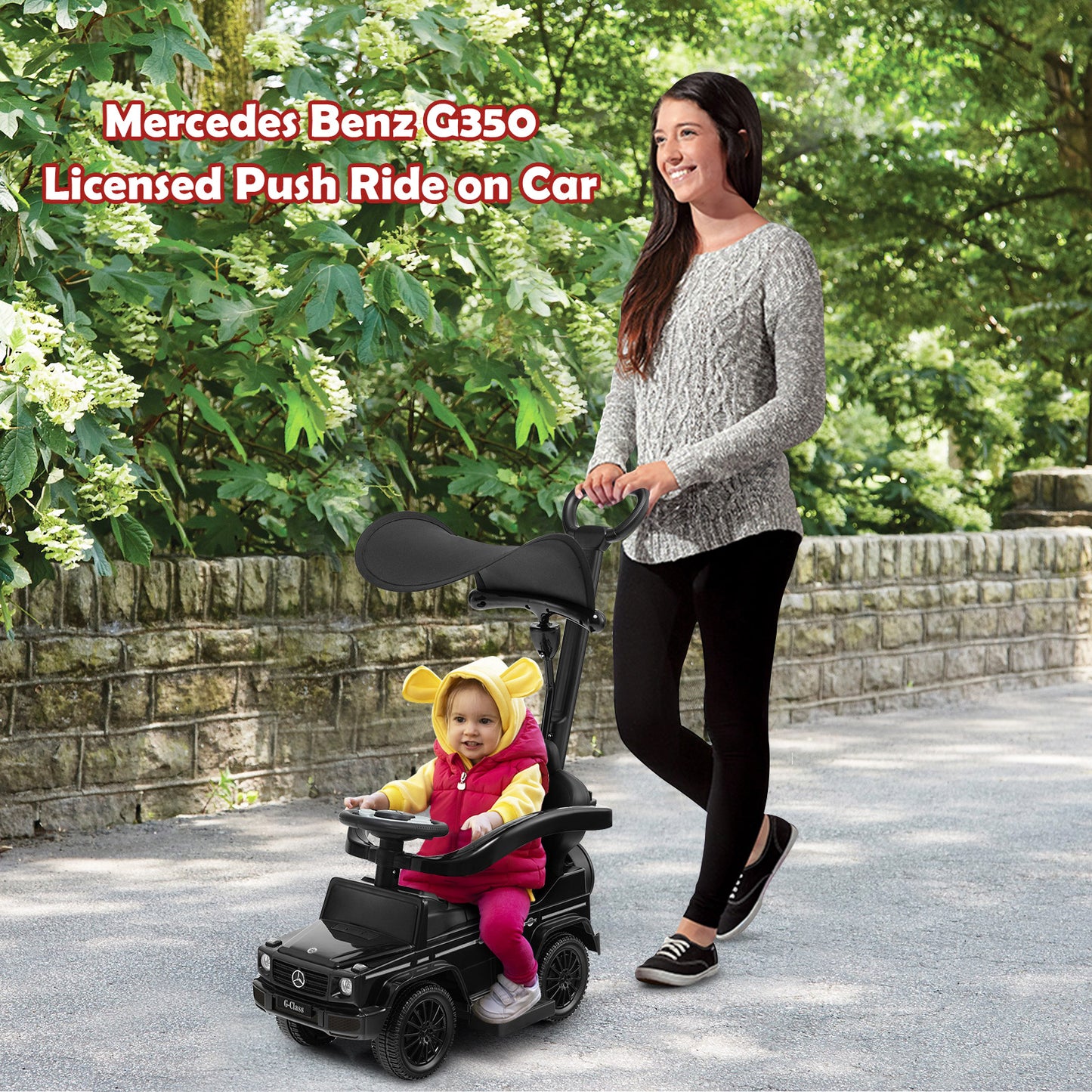 3-In-1 Ride on Push Car Mercedes Benz G350 Stroller Sliding Car with Canopy-Black Kids Crystal
