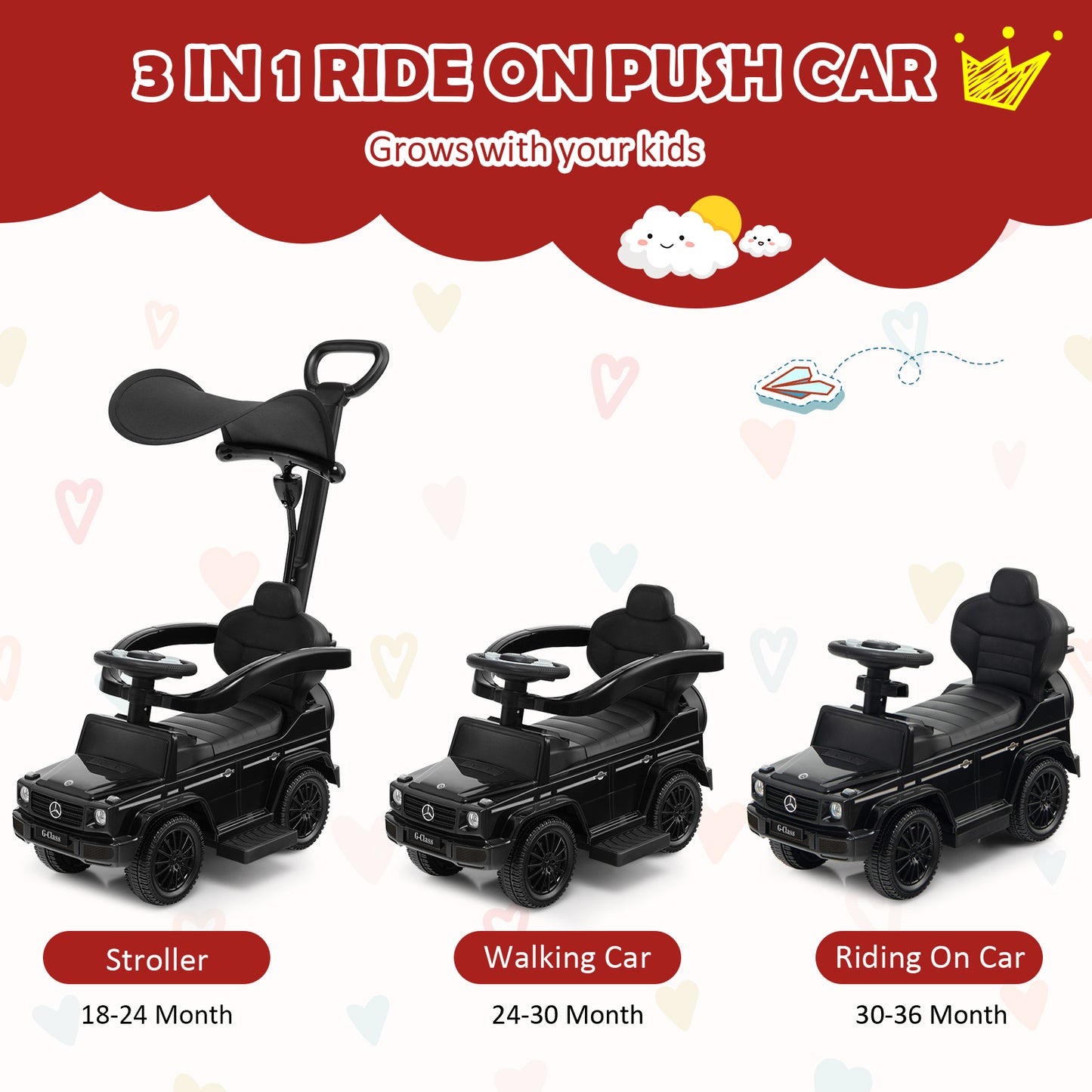 3-In-1 Ride on Push Car Mercedes Benz G350 Stroller Sliding Car with Canopy-Black Kids Crystal