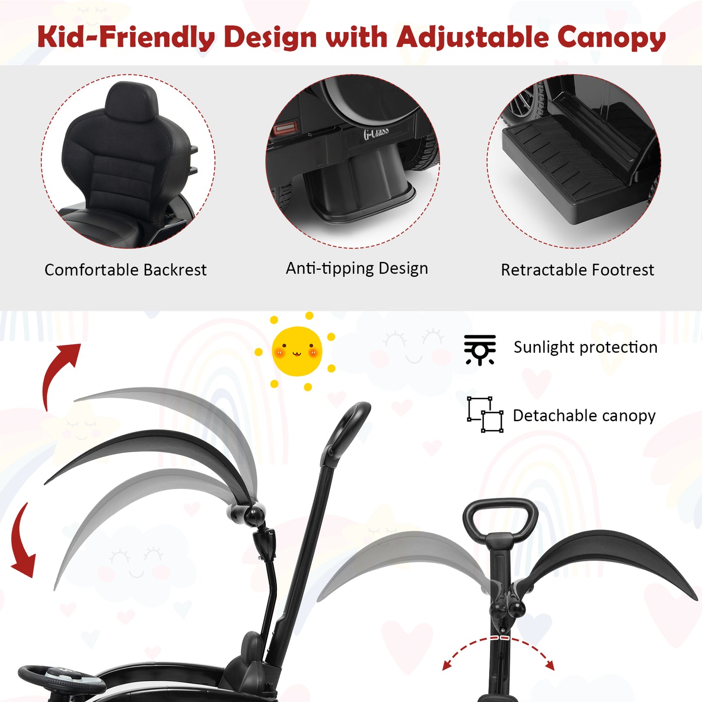 3-In-1 Ride on Push Car Mercedes Benz G350 Stroller Sliding Car with Canopy-Black Kids Crystal