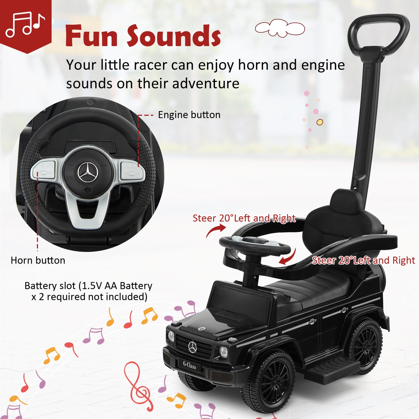3-In-1 Ride on Push Car Mercedes Benz G350 Stroller Sliding Car with Canopy-Black Kids Crystal