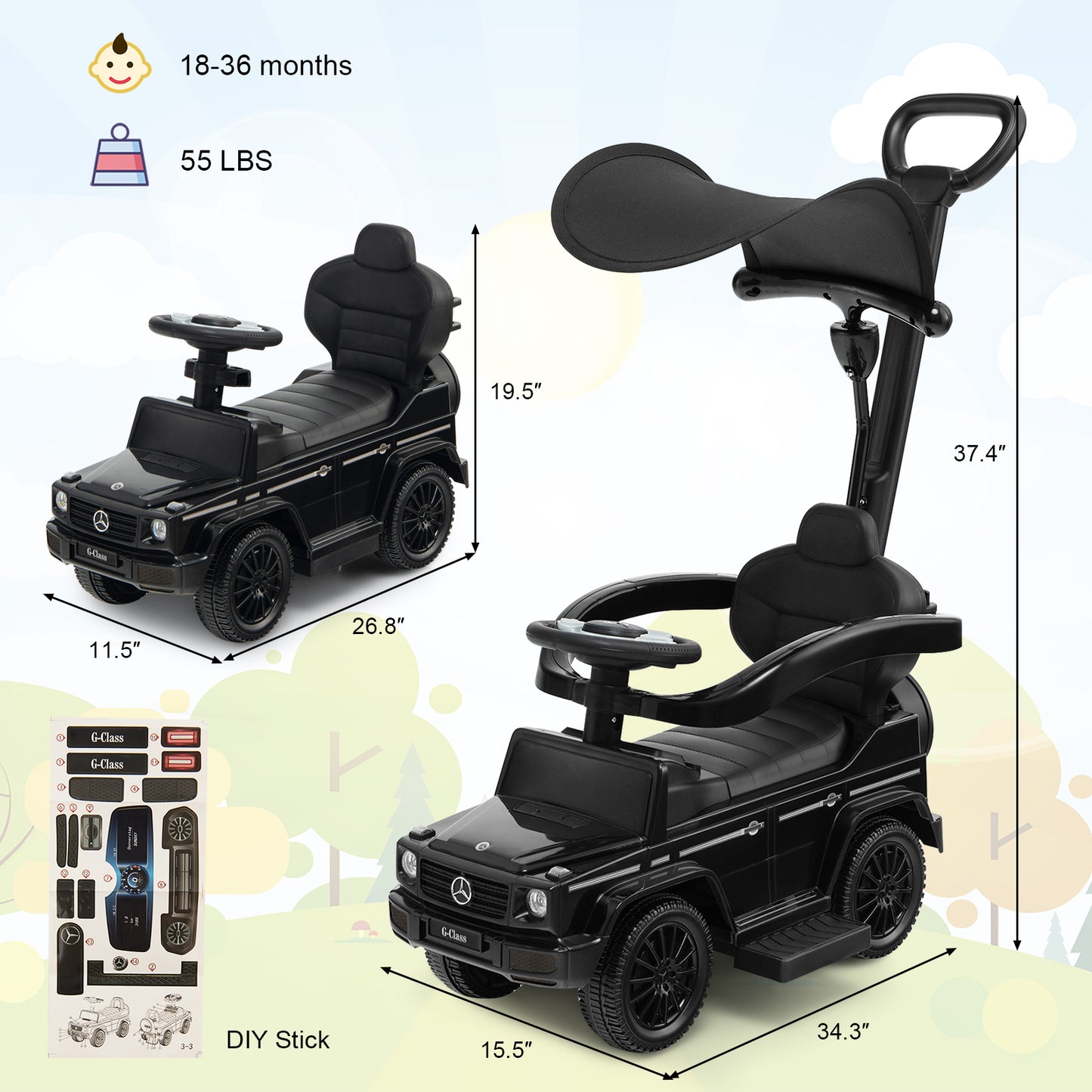 3-In-1 Ride on Push Car Mercedes Benz G350 Stroller Sliding Car with Canopy-Black Kids Crystal