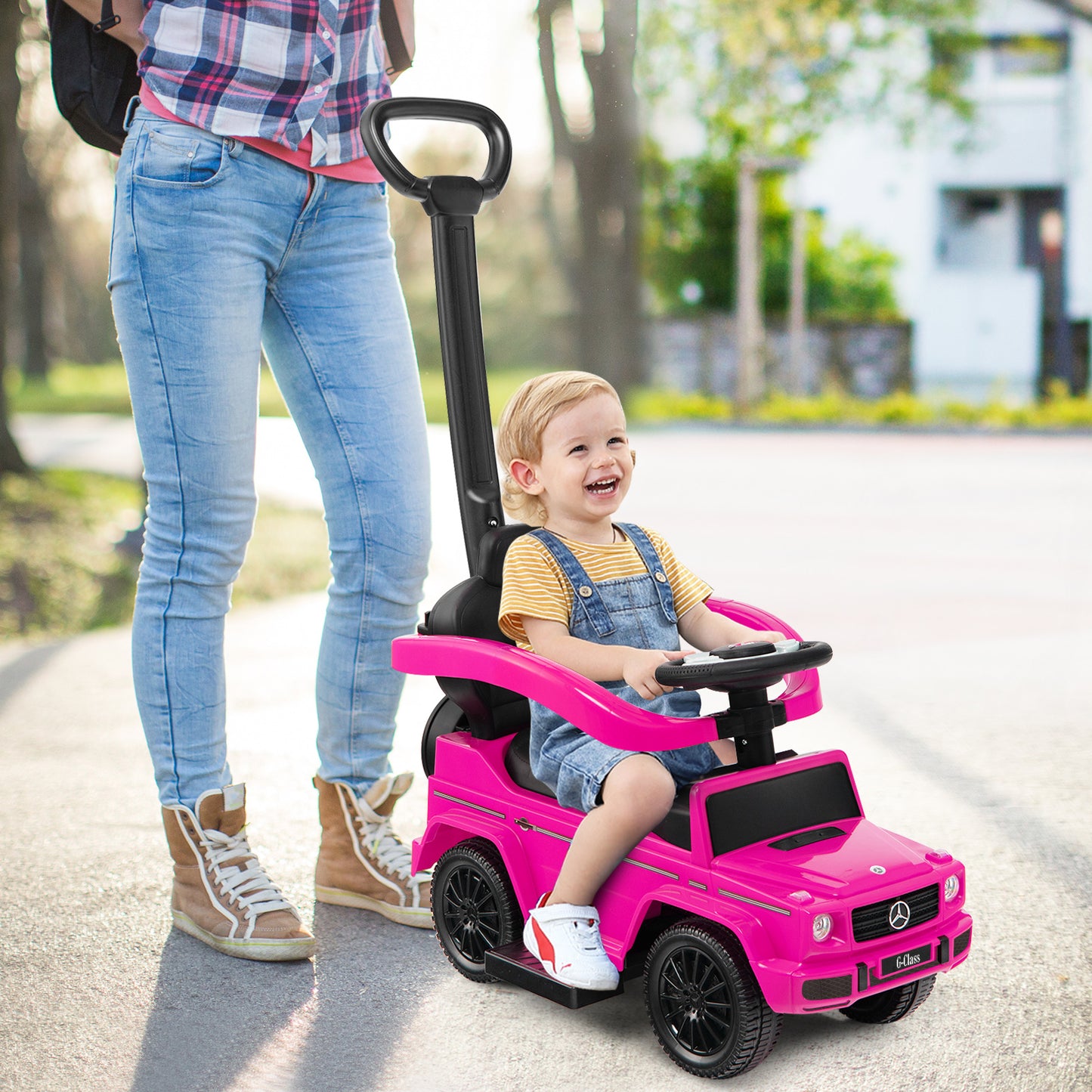 3-In-1 Ride on Push Car Mercedes Benz G350 Stroller Sliding Car with Canopy-Pink Kids Crystal